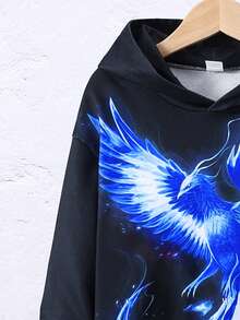 SHEIN 男大童鳳凰印花連帽衫和運動褲 - 黑色 - 查看 3