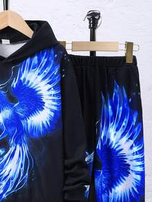 SHEIN 男大童鳳凰印花連帽衫和運動褲 - 黑色 - 查看 5