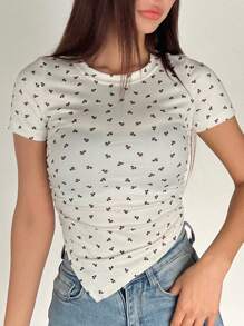 DAZY Allover Cherry Print Ruched Side Asymmetrical Hem Tee Floral - White - View 5