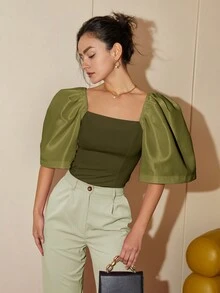 现代菲律宾女装春夏休闲纯色泡泡袖方领衬衫，夏季女装短款上衣商务休闲 Terno - 橄欖綠 - 查看 3