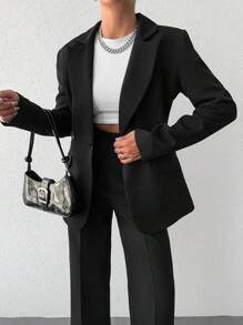 EURMUSE Lapel Neck Single Button Blazer & Suit Pants - Black - View 5