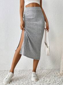 SHEIN PETITE 高腰高衩半身裙 - 灰色 - 查看 6