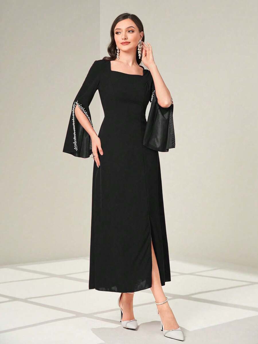 Modelyn Pearls Beaded Split Sleeve Square Neck Split Thigh Dress - Black - View 1