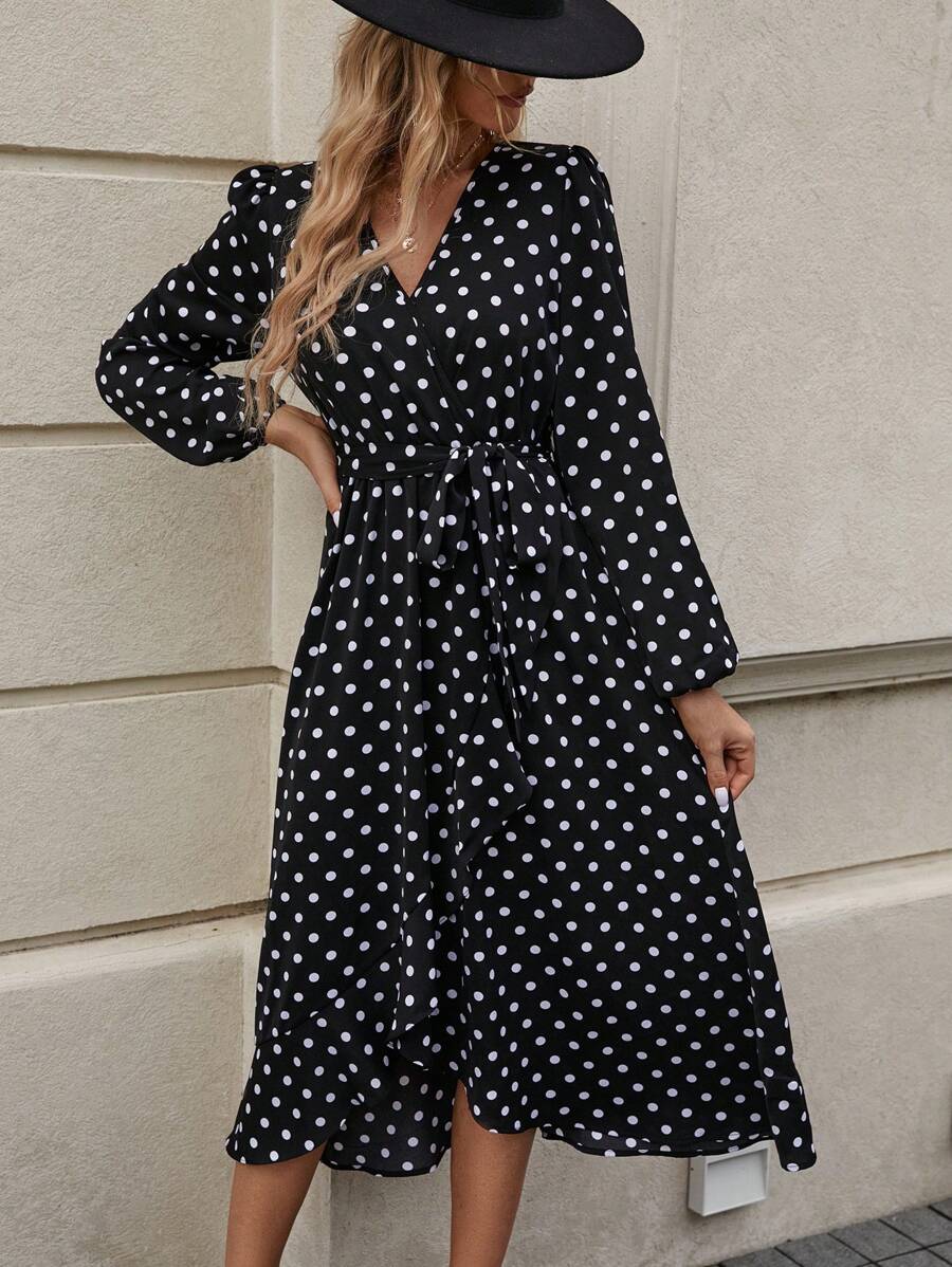 SHEIN Clasi In vết tròn Polka Tay áo lồng đèn Váy có thắt lưng - Đen và trắng - Xem 1