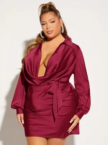 SHEIN SXY 大碼垂領燈籠袖腰帶緞面緊身洋裝 - 酒紅色 - 查看 5