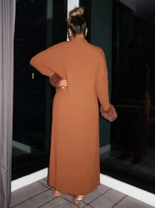 SHEIN SXY 毛茸茸袖口抹胸緊身連衣裙&開門襟外套 - 駝色 - 查看 2