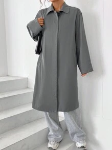 SHEIN EZwear 素色前紐扣落肩袖長款超大襯衫 - 灰色 - 查看 4