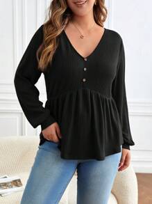 SHEIN Frenchy 大碼燈籠袖荷葉邊下擺T恤 - 黑色 - 查看 4