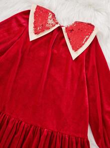 SHEIN Tween Girl Contrast Sequin Statement Collar Flounce Sleeve Ruffle Hem Velvet Dress - Burgundy - View 4