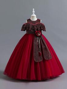 Young Girl Glitter Ruffle Trim Mesh Overlay Gown Dress for Christmas - Burgundy - View 3