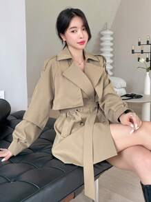 DAZY Raglan Sleeve Double Breasted Belted Trench Coat - Brown - View 6