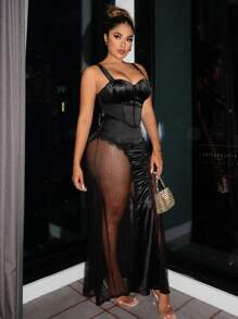 SHEIN SXY Contrast Mesh Bustier Cami Dress - Black - View 4