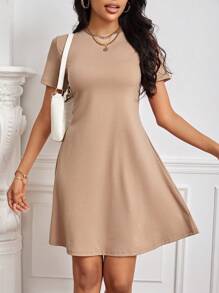 SHEIN Tall Chất rắn Vòng cổ Váy áo thun - Màu Khaki - Xem 4