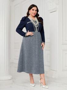 Modelyn Plus Plaid Print Puff Sleeve Contrast Trim Dress - Navy Blue - View 3