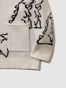 男士恐龙图案落肩口袋拼接开衫，秋冬季长袖上衣