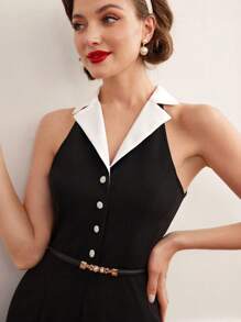 Vintamour Cổ áo tương phản Nút phía trước Áo liền quần ống rộng Không có thắt lưng - màu đen - Xem 4