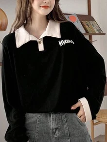 Letter Graphic Contrast Collar Drop Shoulder Polo Neck Tee - Black - View 4