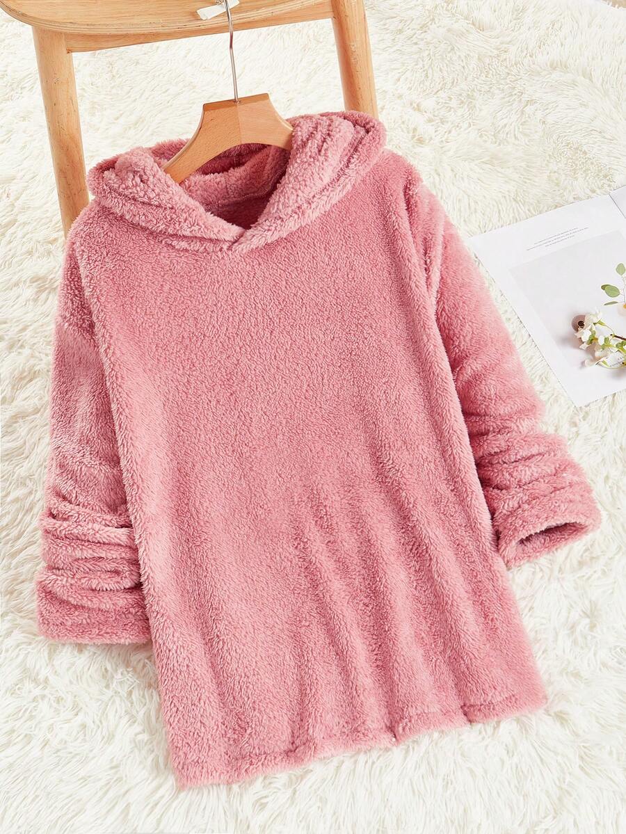 Chiquease Chất rắn Thả vai Teddy áo có mũ Áo thun - Bụi hồng - Xem 1