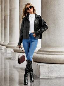 SHEIN LUNE 補丁貼口袋落肩袖PU皮革夾克 - 黑色 - 查看 5