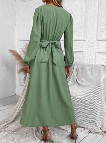 SHEIN Clasi Lantern Sleeve Split Thigh Dress - Army Green - View 2