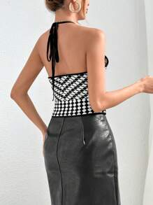 SHEIN Essnce Họa tiết Toàn thân Ca-vát Backless Halter Neck Không lưng Áo hai dây - Đen và trắng - Xem 2