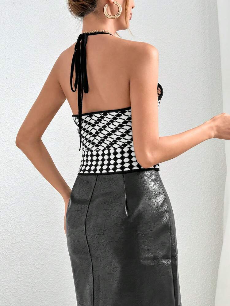 Allover Pattern Tie Backless Halter Neck Backless Halter Top