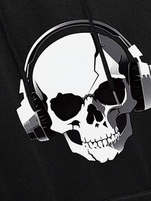 男士骷髏頭圖案袋鼠口袋抽繩連帽衫 - 黑色 - 查看 8