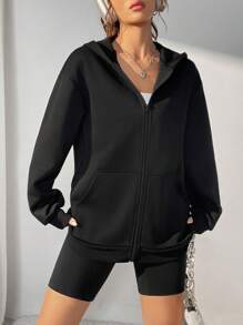 SHEIN Unity 素色拉鏈開襟落肩袖連帽衫 - 黑色 - 查看 3