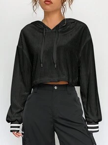 Sọc trang trí Thả vai Dây rút áo có mũ Áo len crop - màu đen - Xem 5