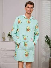 男士卡通圖案連帽法蘭絨休閒服睡袍