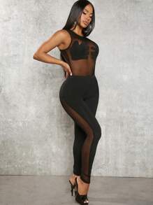 SHEIN SXY Solid Mesh Bodysuit & Leggings - Black - View 8