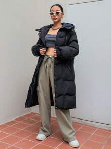 Dazy-Less Zip Up Hooded Padded Thick Pockets Coat, Winter Women Padded Coat