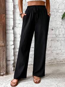 SHEIN LUNE 褶皺前打結闊腿褲 - 黑色 - 查看 4