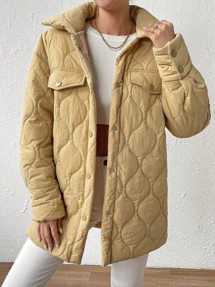 Flap Detail Snap Button Front Drop Shoulder Quilted Padded Coat Clothes Winter Fall Cloth For Women