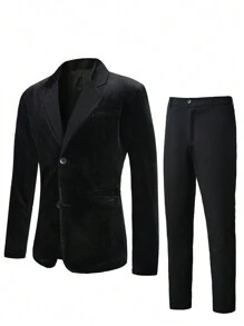 Manfinity AFTRDRK Men Single Breasted Velvet Blazer & Straight Leg Pants - Black - View 1