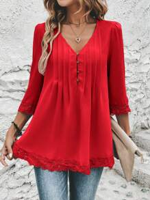 SHEIN Clasi Contrast Lace Fold Pleated Detail Plicated Detail Plicated Detail Blouse - Red - View 4