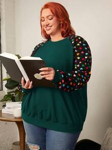 SHEIN CURVE+ 大碼愛心圖案插肩袖運動衫 - 墨綠色 - 查看 6