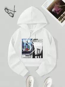 SHEIN EZwear Street View And Letter Graphic Thermal Lined Drawstring Crop Hoodie - White - View 1