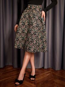Vintamour Floral Print Button Detail Flare Skirt - Black - View 4