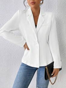 SHEIN PETITE Lapel Neck Single Button Blazer - White - View 4