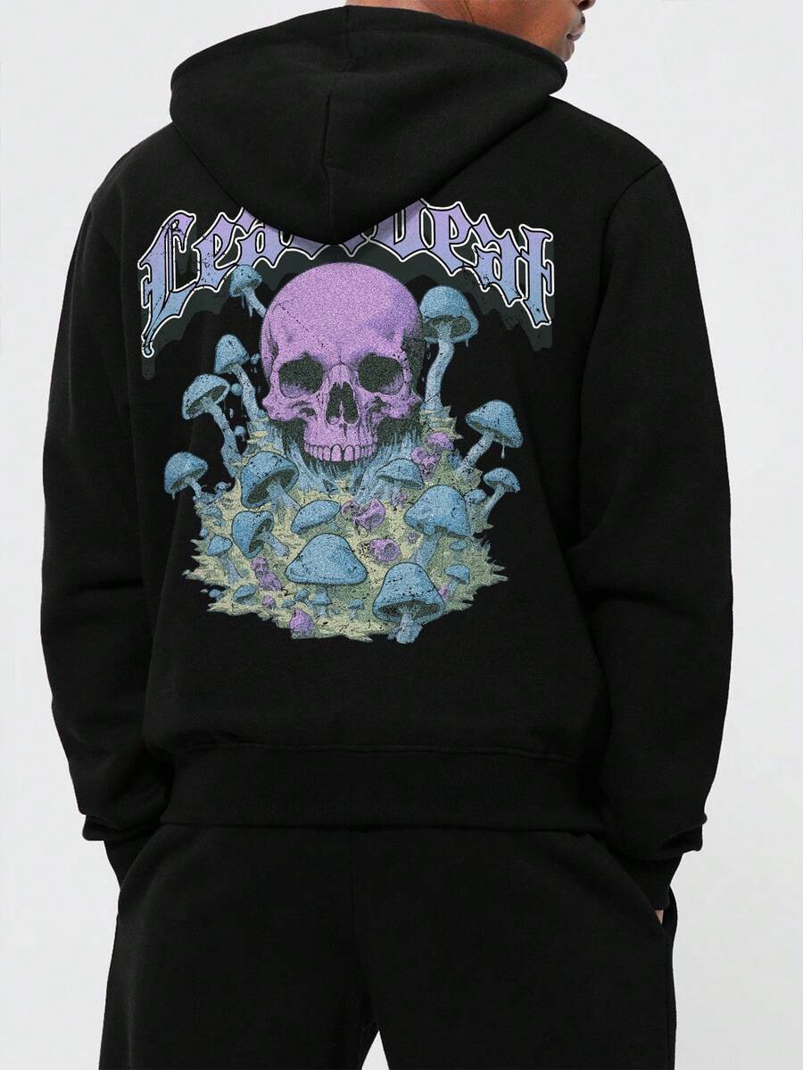 Men Skull And Letter Graphic Drawstring Hoodie - Black - View 1