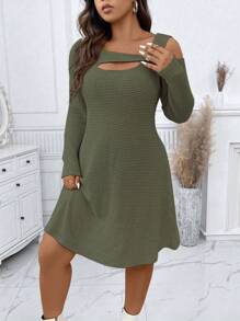 Calvaya Plus Cut Out Asymmetrical Neck Dress - Army Green - View 6
