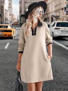 SHEIN LUNE Contrast Trim Quarter Zip Drop Shoulder Tee Dress - Apricot - View 6