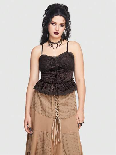 Goth Ruffle Hem Contrast Lace Cami Top