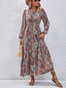 SHEIN VCAY Vestido con estampado de paisley de manga farol bajo con fruncido - Amarillo - Ver 6