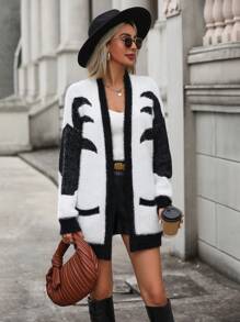 SHEIN Frenchy Graphic Pattern Drop Shoulder Fuzzy Duster Cardigan - Black - View 1