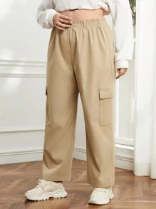 SHEIN Essnce Plus Flap Pocket Side Cargo Pants - Khaki - View 3