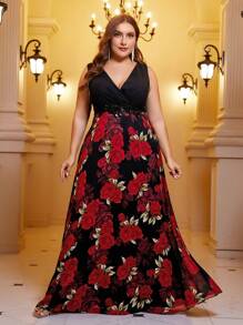 SHEIN Belle Plus Floral Print Surplice Neck Formal Dress - Multicolor - View 1