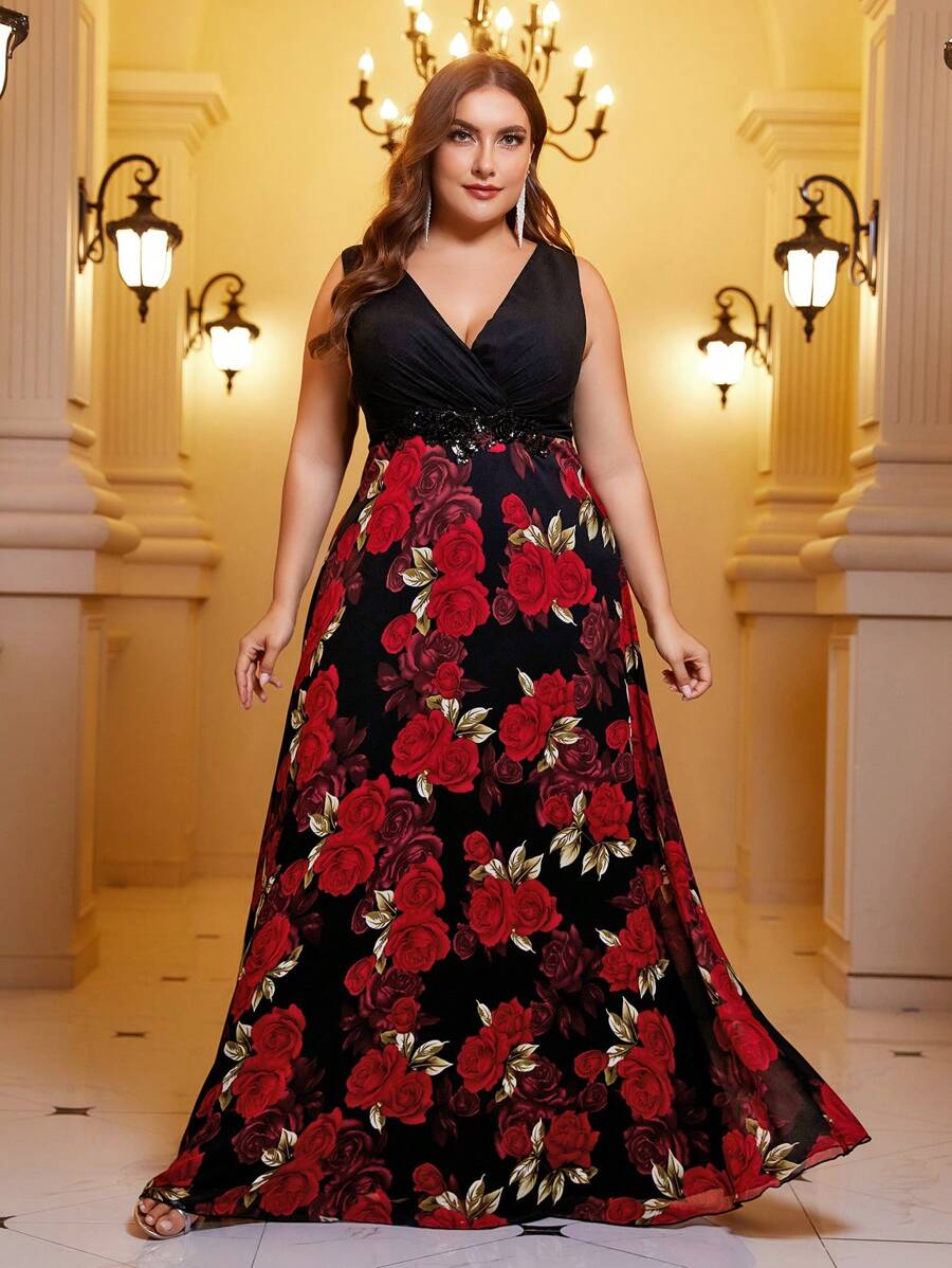 SHEIN Belle Plus Floral Print Surplice Neck Formal Dress - Multicolor - View 1