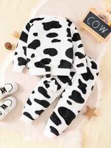 SHEIN Young Girl Cow Pattern Teddy Sweatshirt & Pants - White - View 2